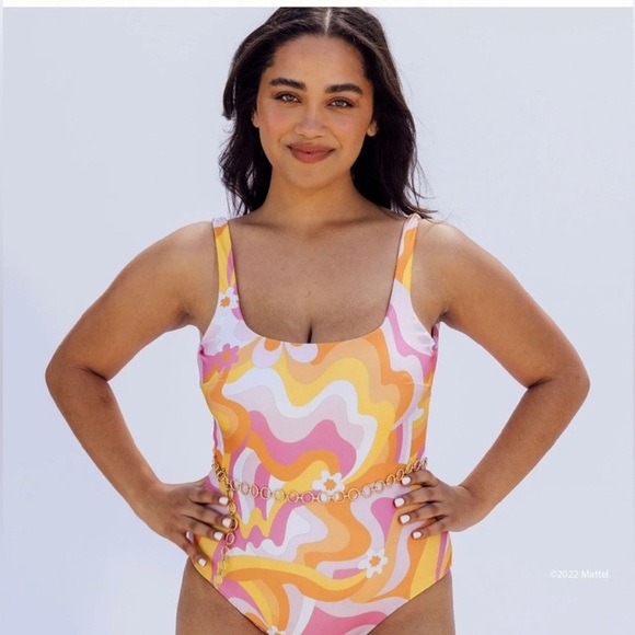 Funboy X Barbie Dream Swim Raquel One Piece Swimsuit Floral Pink Orange XL Wavy - Picture 2 of 11